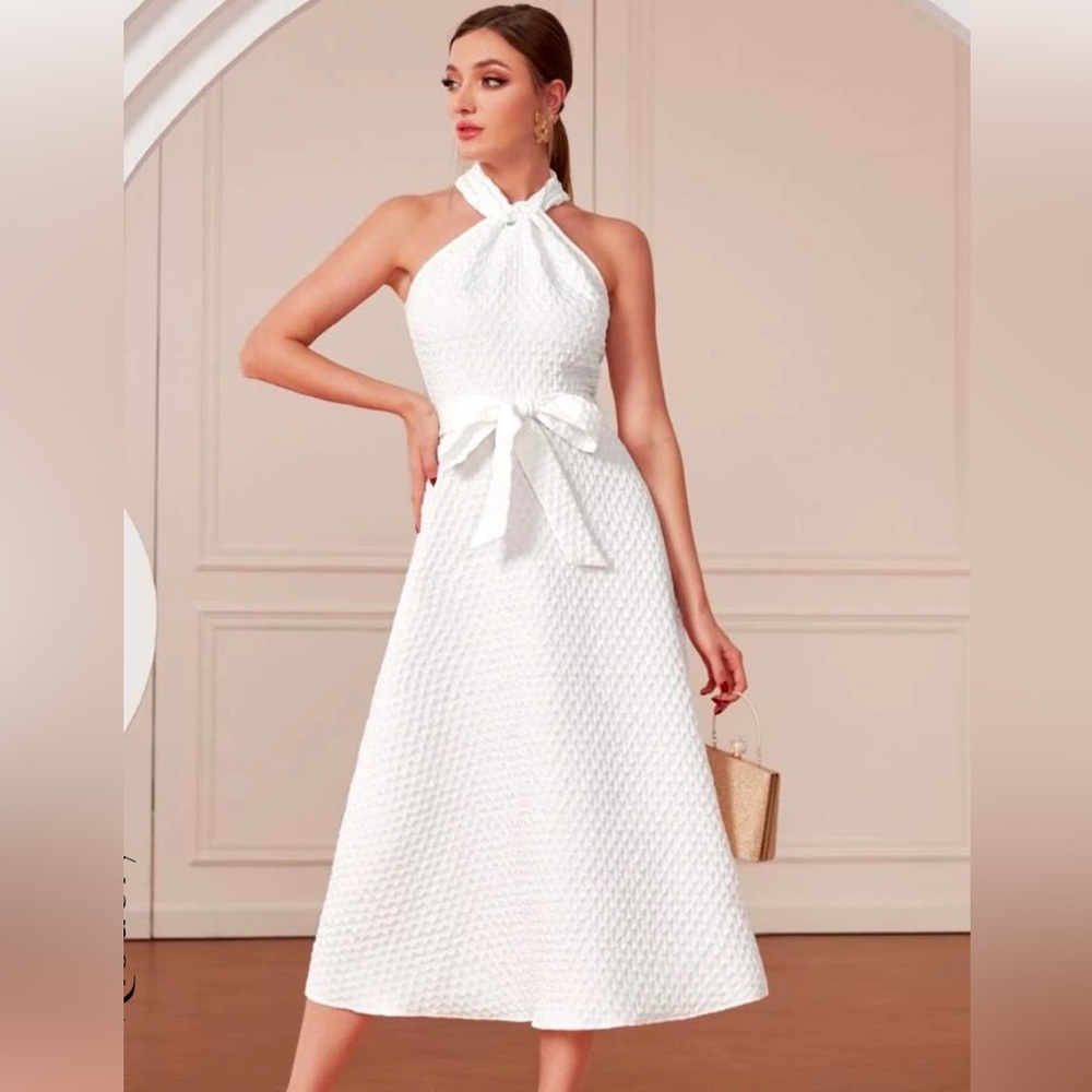 SHEIN Modely Argyle Pattern Belted Halter Dress